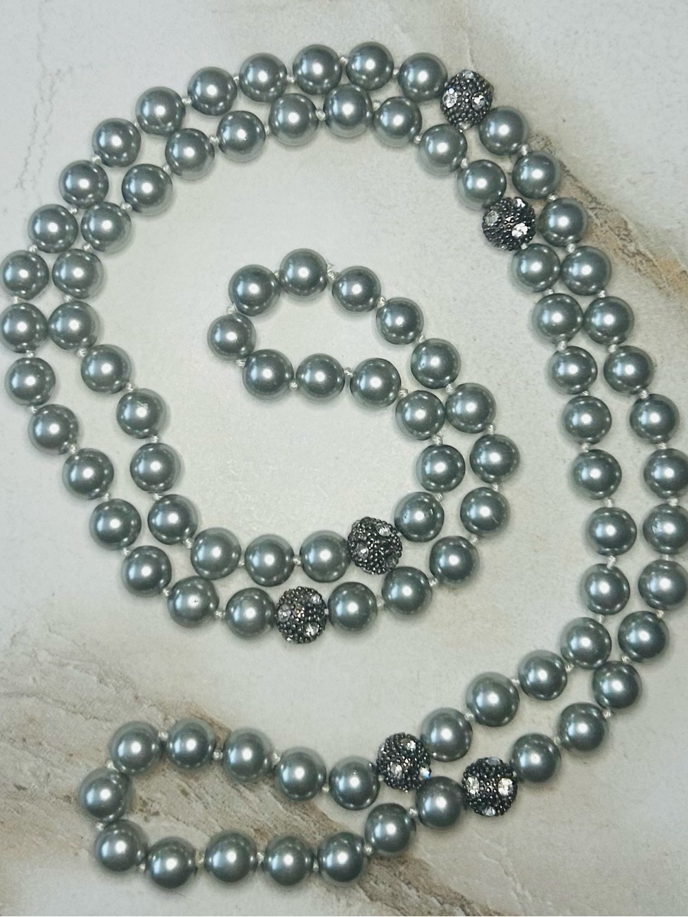 Vintage Long Strand of Silver Gray Faux Pearls Necklace with Sparkle Accents